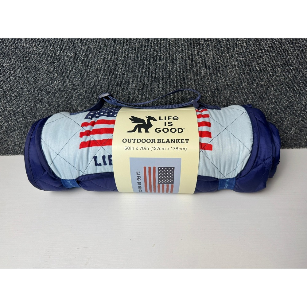 Life is Good Outdoor Blanket American Flag Quilted Navy 50x70 NWT